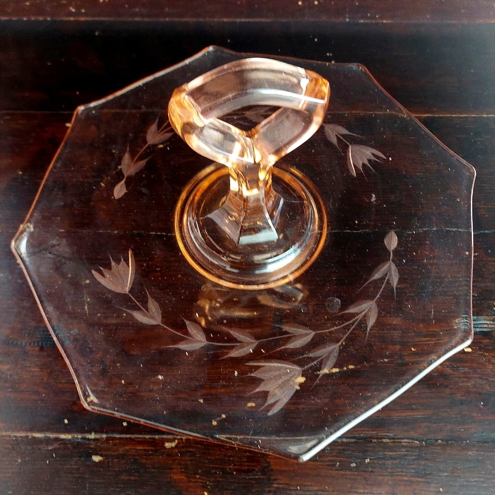 Pink Depression Glass Octagon Serving Plate Center Handle Etched Floral Design